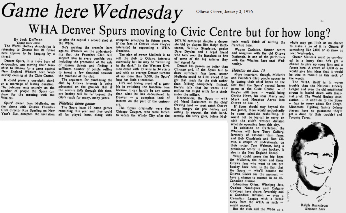 WHA Denver Spurs - Ottawa Civics - The Hockey Chronicle